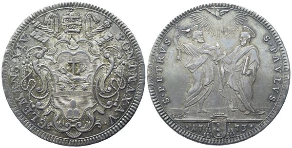 STATO PONTIFICIO. Roma. Clemente XIV (1769-1774), Testone 1773 – Anno V; Ag (7,91 g; 30,5 mm)