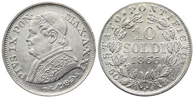 Pio IX, Stato Pontificio, 10 Soldi 1866 (argento) con busto a sinistra