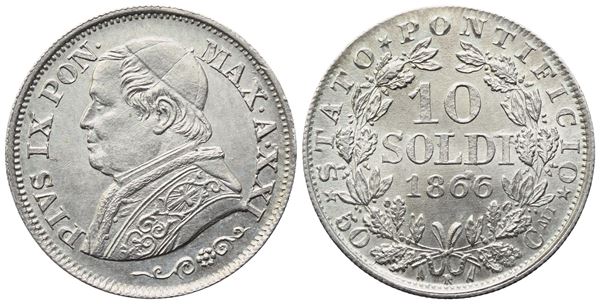 STATO PONTIFICIO. Roma. Pio IX (1846-1870). 10 Soldi 1866; Ag (2,50 g; 18 mm)