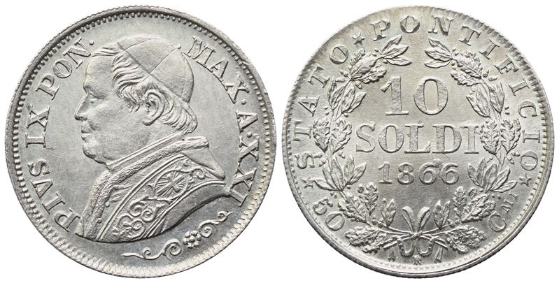 Pio IX, Stato Pontificio, 10 Soldi 1866 (argento) con busto a sinistra