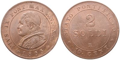 Pio IX, Stato Pontificio. Roma, 2 Soldi 1866 (Anno XXI) – rame