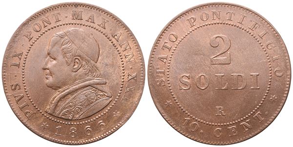 STATO PONTIFICIO. Roma. Pio IX (1846-1870). 2 Soldi 1866 – Anno XXI; Cu (10,18 g; 31,8 mm)
