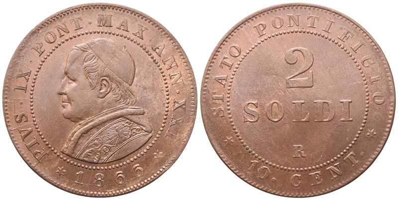 Pio IX, Stato Pontificio. Roma, 2 Soldi 1866 (Anno XXI) – rame