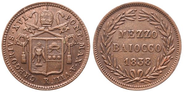 STATO PONTIFICIO. Roma. Gregorio XVI (1831-1846). Mezzo Baiocco 1838 – Anno VIII; Cu (5,24 g; 23 mm)
