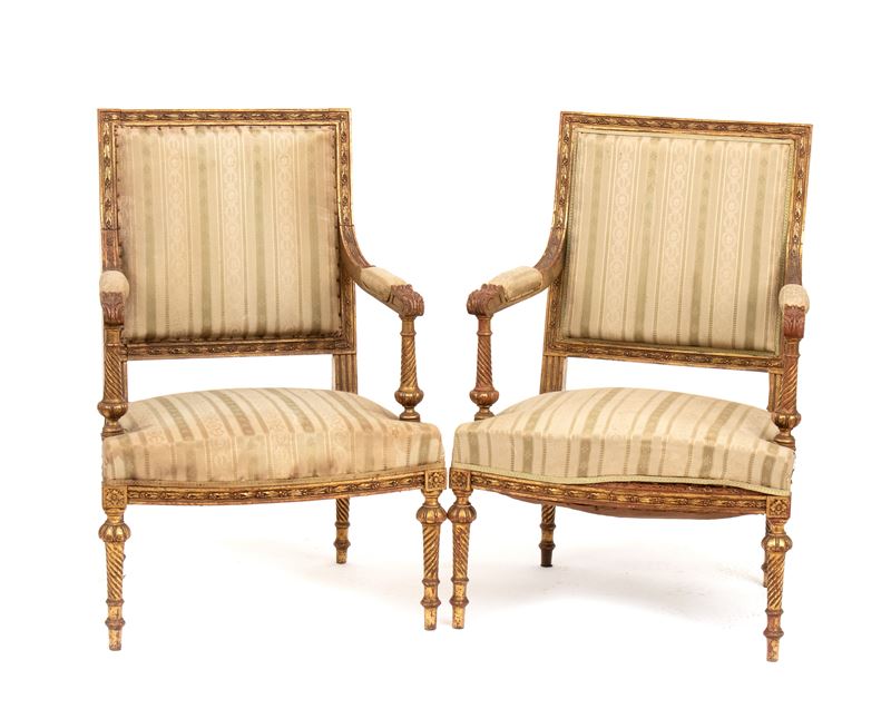 Coppia di poltrone dorate, Francia, stile Luigi XVI, prima metà del XIX secolo