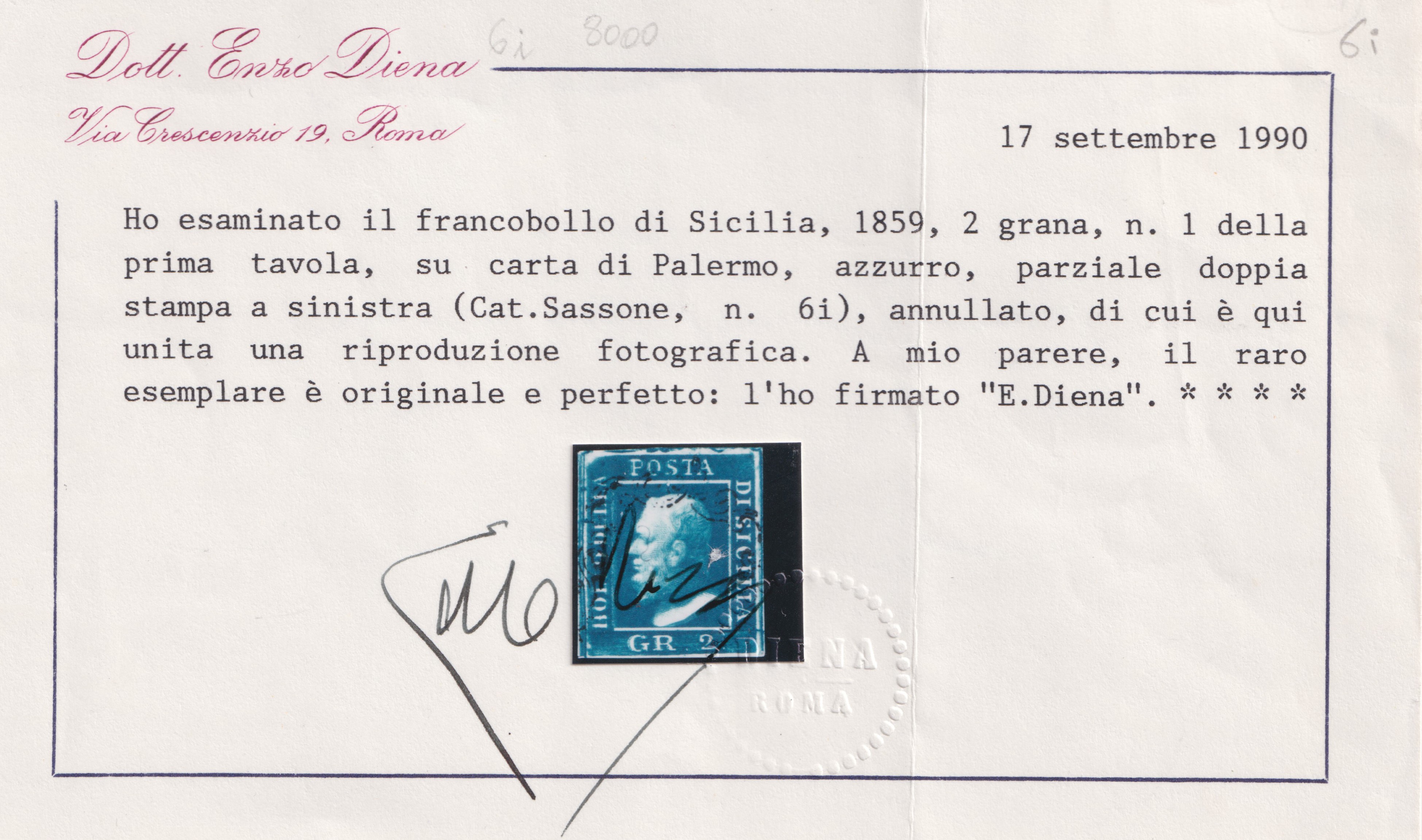 Francobollo, Sicilia (1858), 2 gr azzurro vivo con doppia stampa parziale