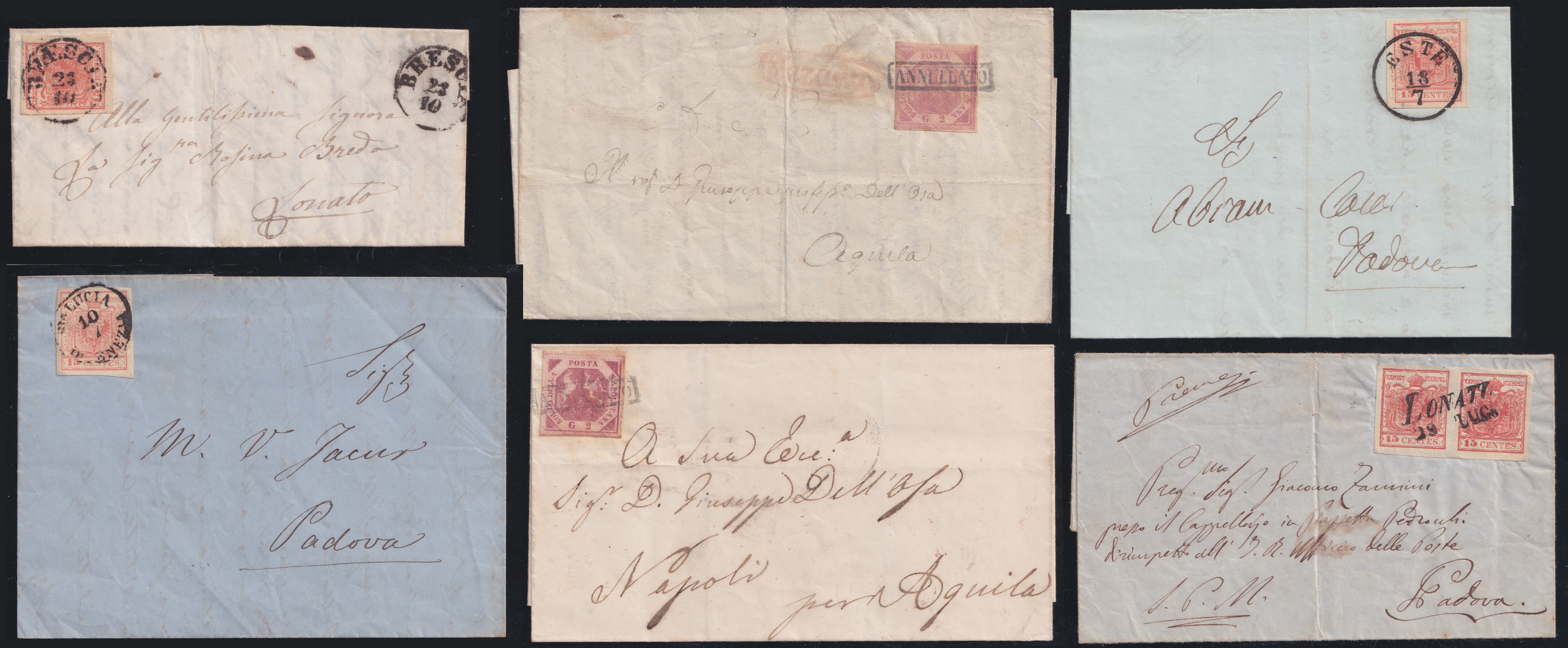 A.S.I., Insieme di storia postale con 12 lettere affrancate (XIX secolo)