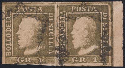 Sicilia, 1 gr. bruno olivastro (n. 3d), coppia di francobolli con bordo di foglio