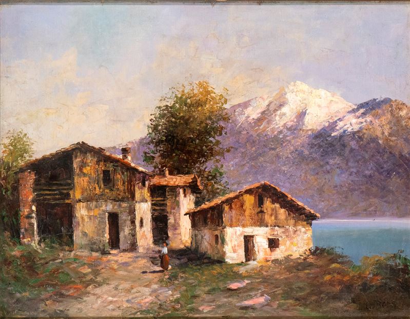 Veduta di montagna con casale e lago
