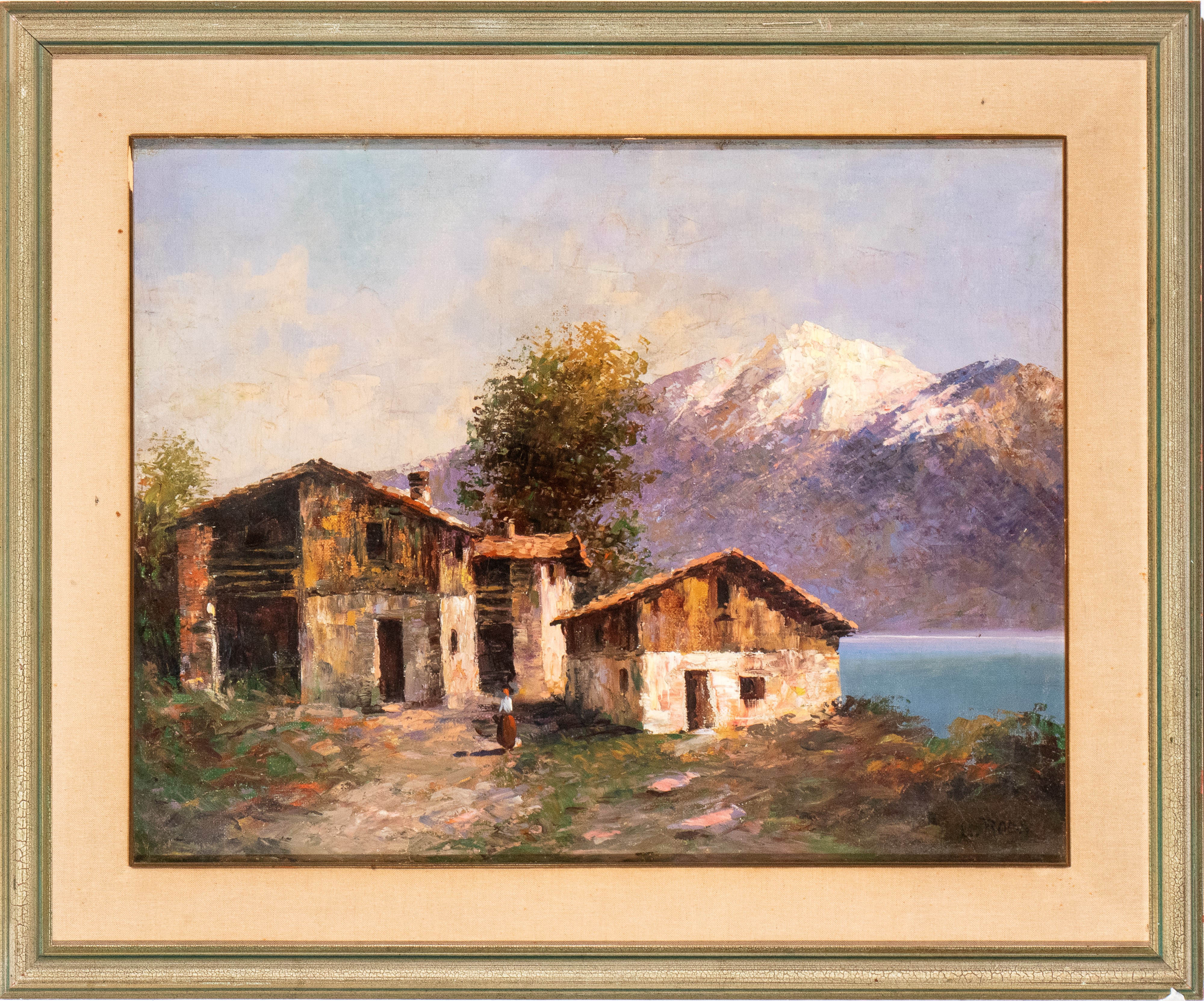Veduta di montagna con casale e lago