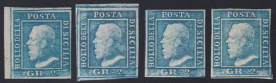 Sicilia, 2 gr – serie di 4 esemplari nuovi con gomma (1861)