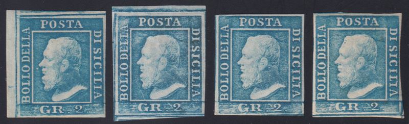 Sicilia, 2 gr – serie di 4 esemplari nuovi con gomma (1861)