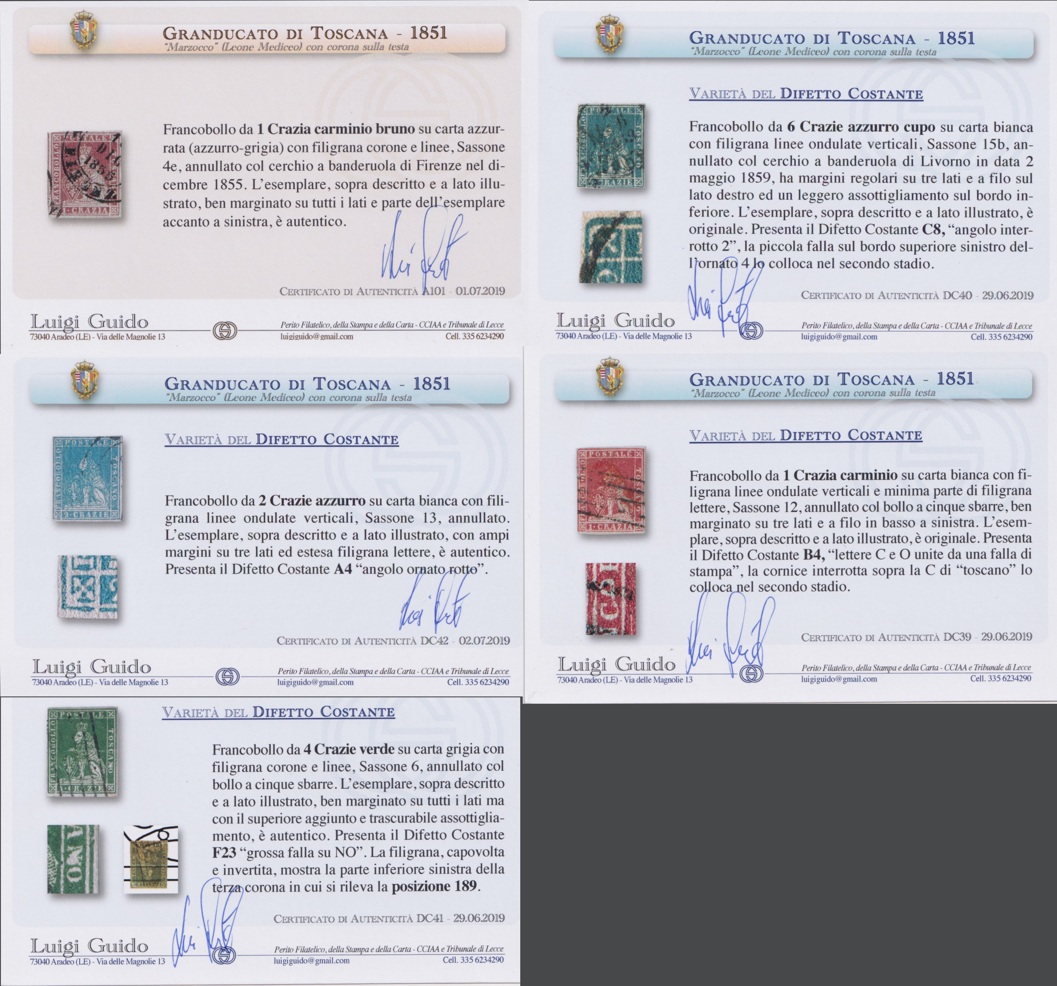 Collezione filatelica, Toscana (1851) – 5 esemplari con documentazione e certificati