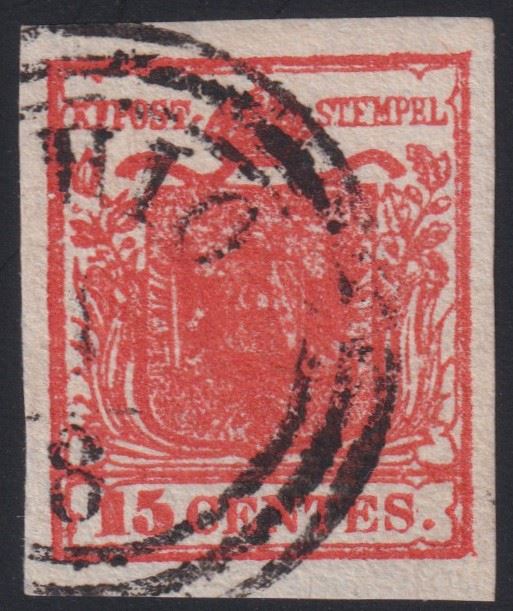 Lombardo-Veneto - 15 cents. 1st type, dark carmine red, no. 3h