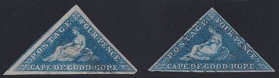 Raybaudi (attribuito ad), Capo di Buona Speranza, 4 pence azzurro scuro, due esemplari (tirature ...