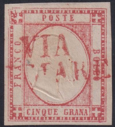 Provveditorato Napoletano, 5 gr. con angolo superiore sinistro ritoccato e annullatura “Via di Ma...