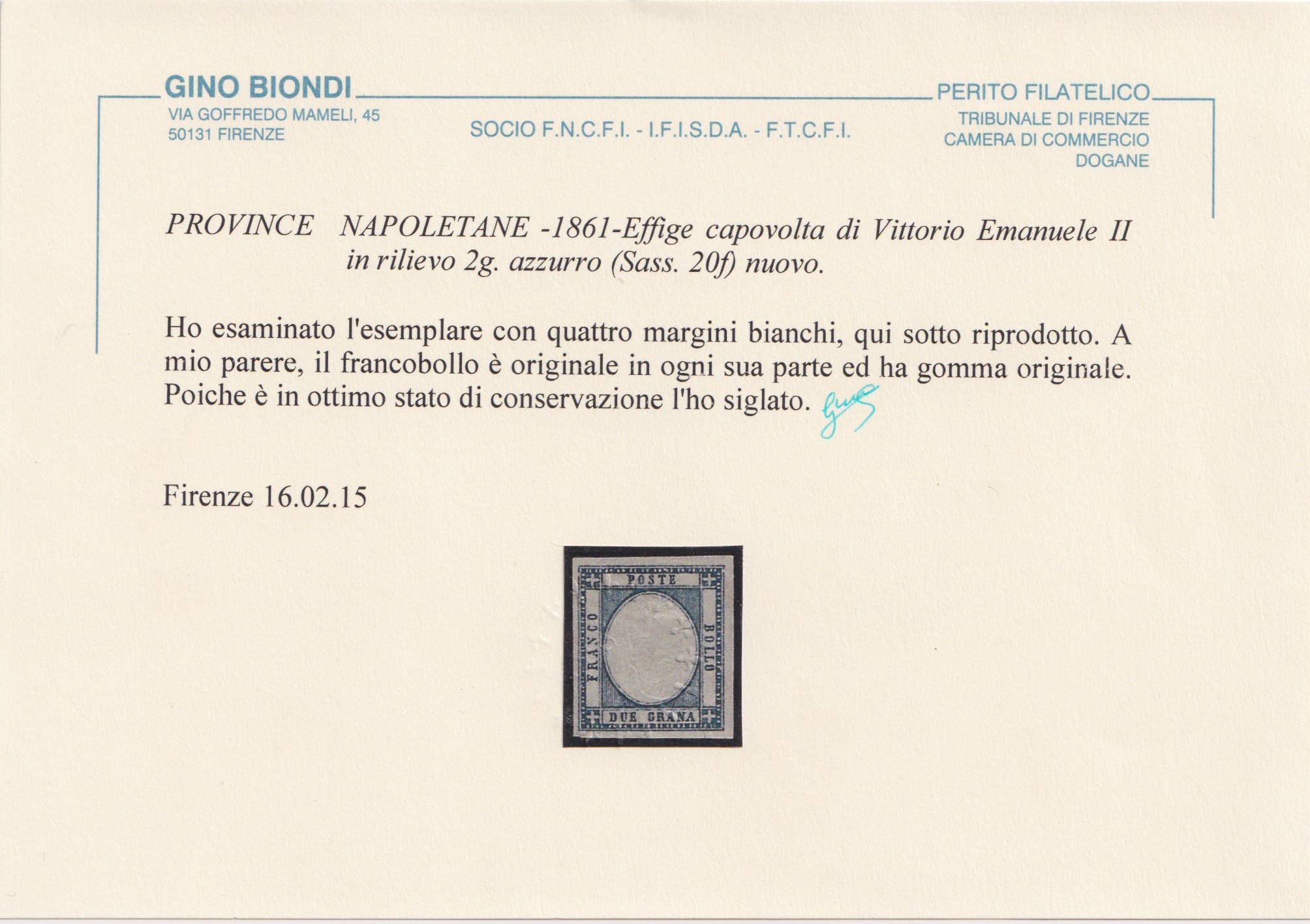 Certificato Biondi, 1861 — 2 gr. azzurro con effigie capovolta (prov. napoletane)