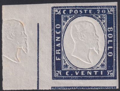 Italia (Sardegna), IV emissione, 20 centesimi indaco (15E) con margine sinistro non tosato
