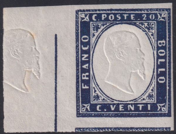 Sardegna - IV emissione, 20 cent. con effige nel margine sinistro e linea di riquadro.