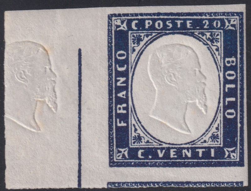Italia (Sardegna), IV emissione, 20 centesimi indaco (15E) con margine sinistro non tosato