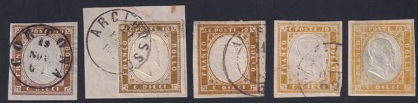 Sardegna - IV emissione, 5 esemplari del 10 cent. in diverse colorazioni.