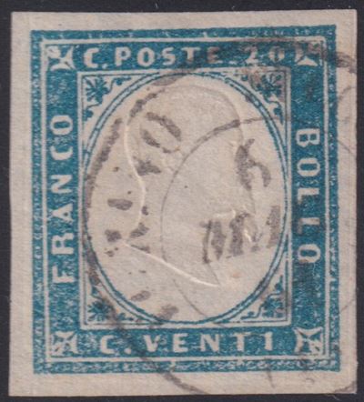 Sardegna, IV emissione, 20 centesimi cobalto grigiastro, n. 15Dd (1861)