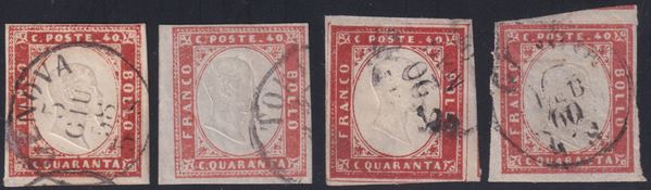 Sardegna - IV emissione, 4 esemplari del 40cent. in diverse colorazioni.