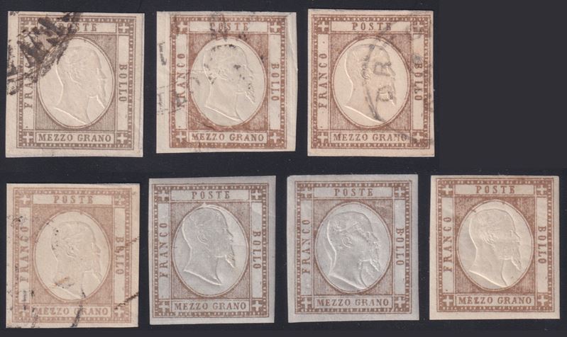 1861, 1/2 grano Napoletane (studio dei colori), insieme di 7 esemplari
