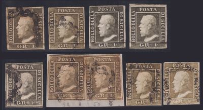 Sicilia, insieme di francobolli da 1 gr. delle II e III tavola (1859)
