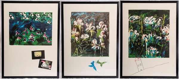 MARIO SCHIFANO - Flowers, lot of three multiples on paper