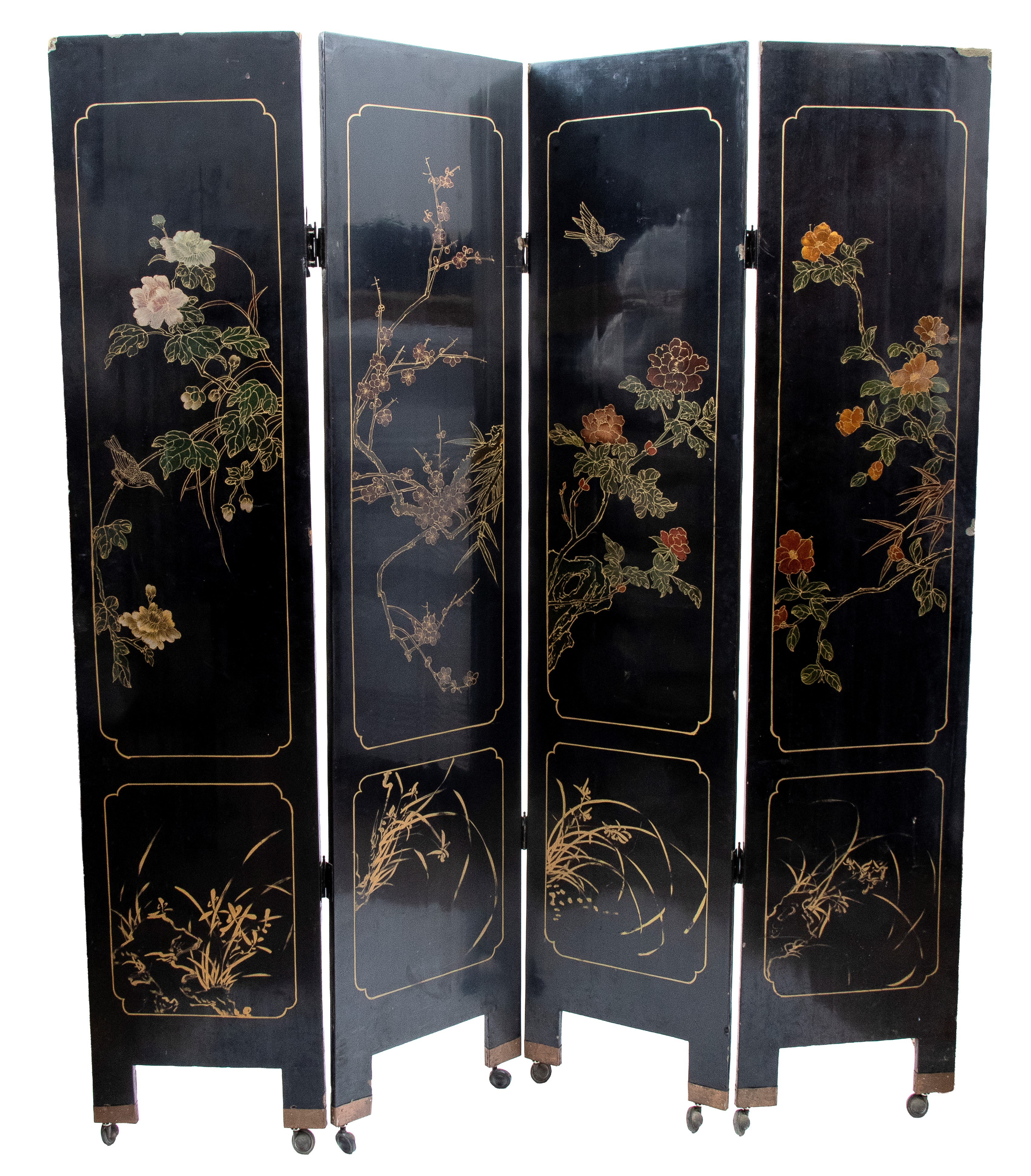 Paravento orientale, legno laccato nero con decorazioni in pietre dure e madreperla, XX secolo