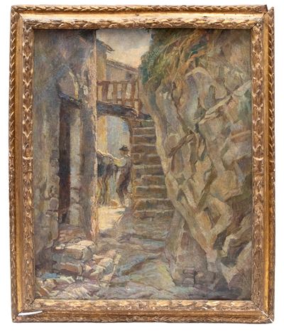 Veduta rurale, pittura di paesaggio e genere, inizio XIX secolo