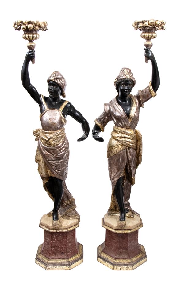 Pair of Venetian Moretto-style candle holders