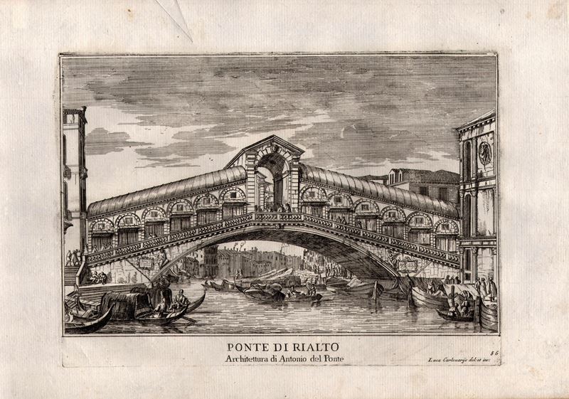 Luca Carlevarijs - Ponte di Rialto | Veduta della Zecca | Palazzo Leze, acquaforte