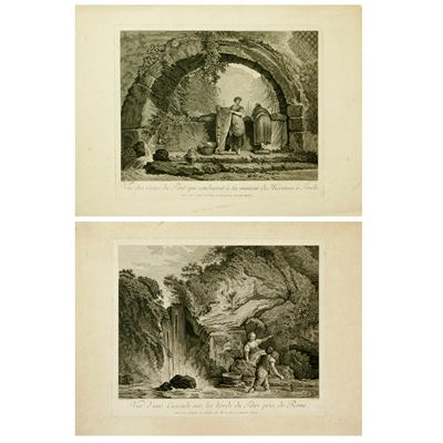 Veduta di una cascata e dei resti del ponte di Mecenate presso Tivoli