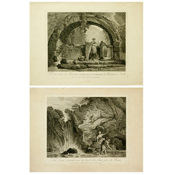 Claude Augustine Pierre Duflos - Veduta di una cascata sulle rive del Tevere vicino a Roma | Veduta dei resti del ponte che conduceva alla casa di Mecenate a Tivoli