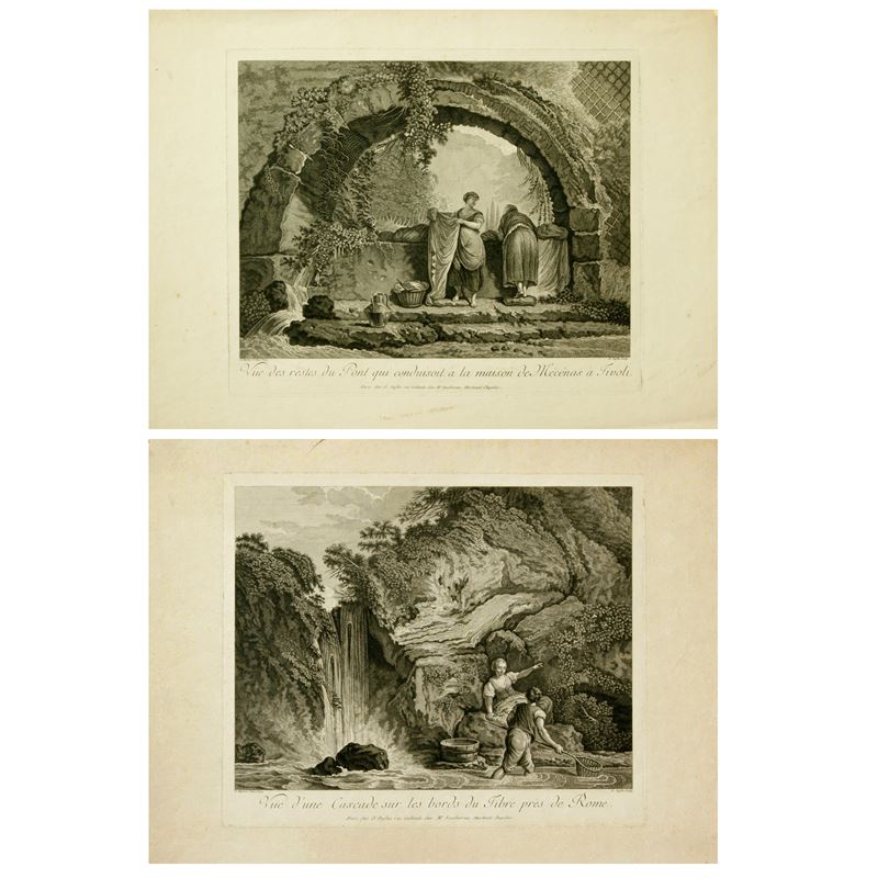 Claude Augustine Pierre Duflos - Veduta di una cascata e dei resti del ponte di Mecenate presso T...