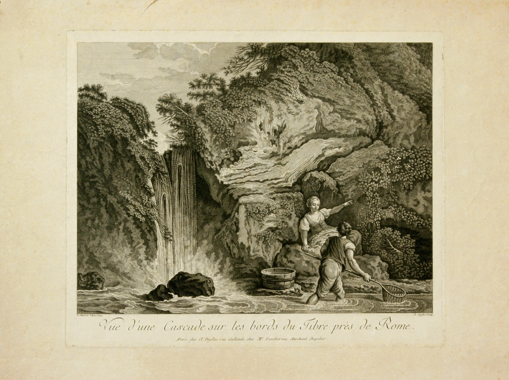 Claude Augustine Pierre Duflos - Veduta di una cascata e dei resti del ponte di Mecenate presso T...