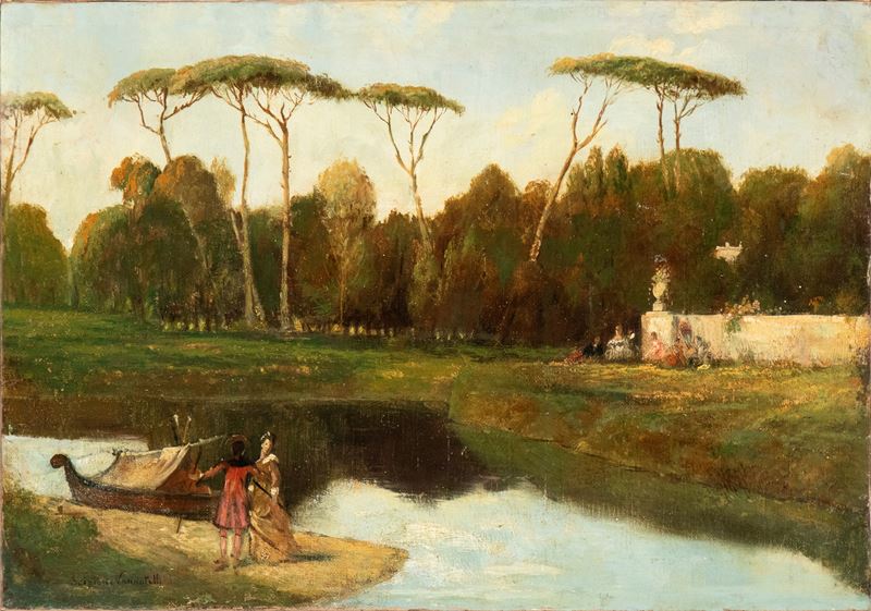 Paesaggio con laghetto e figure