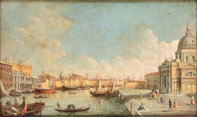 Ambito veneziano, Veduta di Venezia con la Basilica di Santa Maria della Salute, olio su tavola