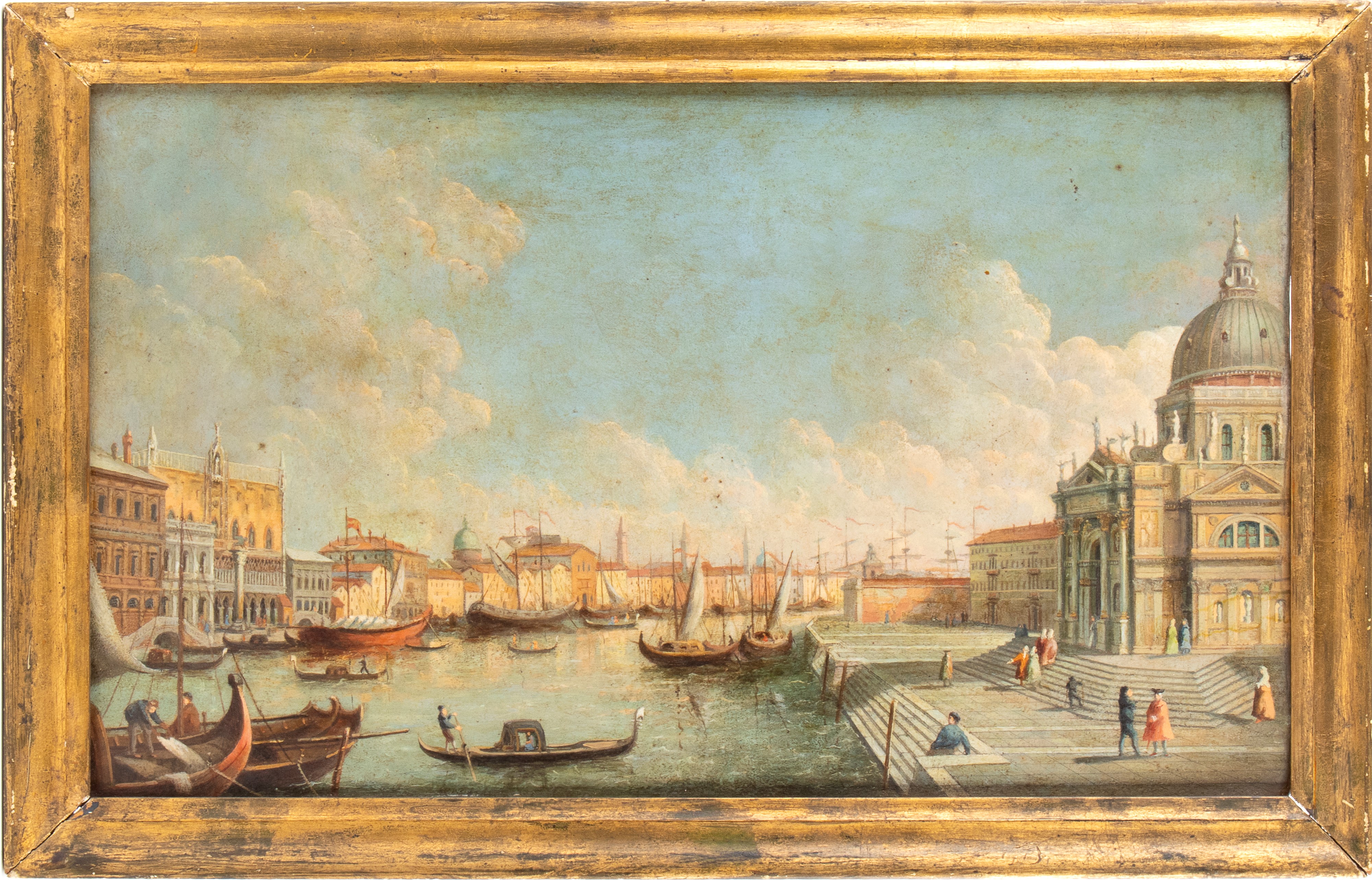 Ambito veneziano, Veduta di Venezia con la Basilica di Santa Maria della Salute, olio su tavola