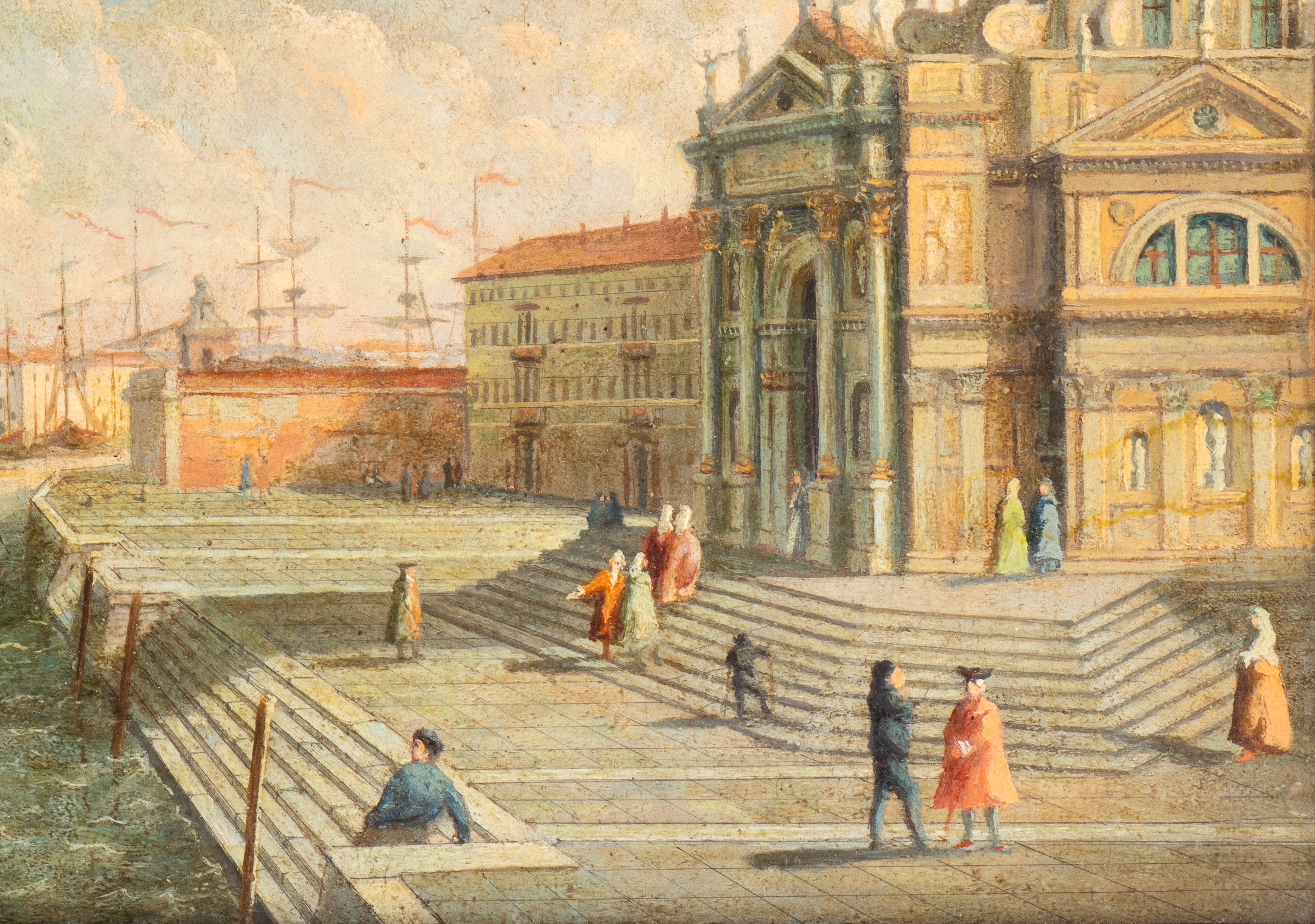 Ambito veneziano, Veduta di Venezia con la Basilica di Santa Maria della Salute, olio su tavola