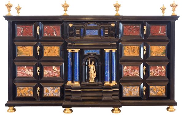 Coin cabinet made of ebony, semi-precious stones, and gilded bronze