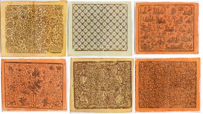 Lotto di sei carte da rivestimento (Buntpapier), xilografia