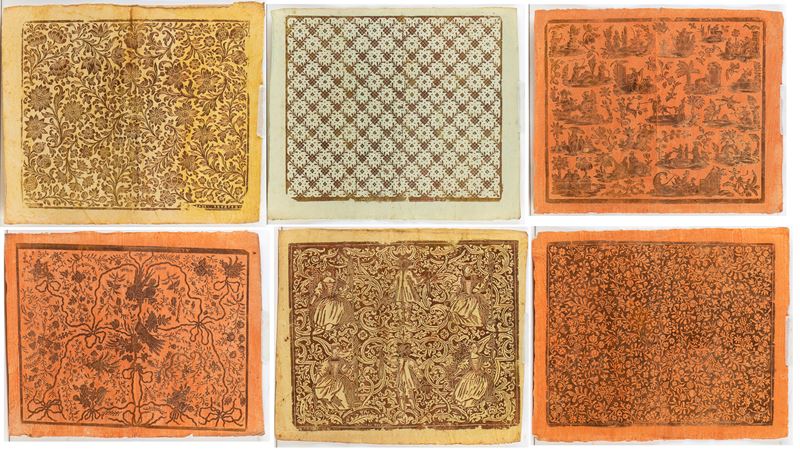 Paul Reymund - Lotto di sei carte da rivestimento (Buntpapier), xilografia