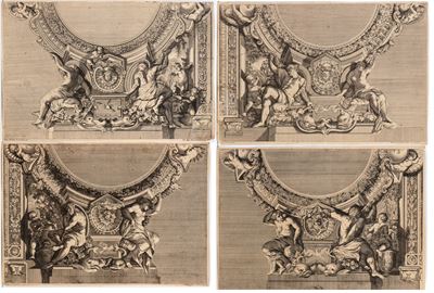 Quattro incisioni all’acquaforte raffiguranti affreschi nel Palazzo Doria Pamphili a Piazza Navon...