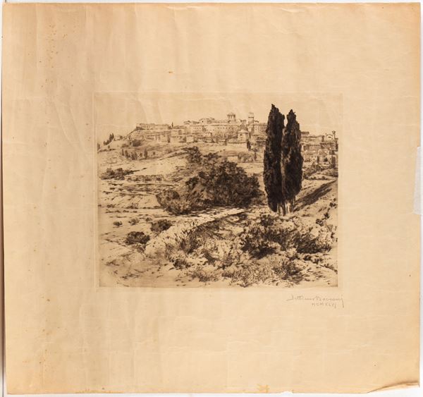 Veduta con due cipressi