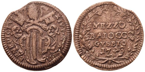 STATO PONTIFICIO. Gubbio. Benedetto XIV (1740-1758). Mezzo Baiocco 1748 – Anno VIII; Cu (5,93 g; 26,5 mm)