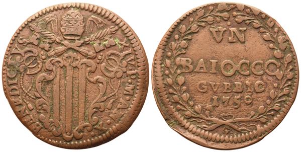 STATO PONTIFICIO. Gubbio. Benedetto XIV (1740-1758. Baiocco 1750 – Anno X; Cu (11,90 g; 35 mm)