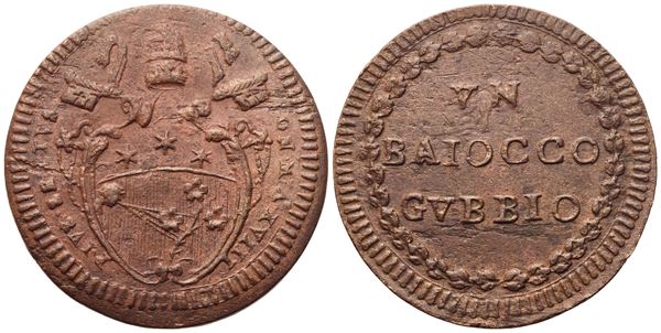 STATO PONTIFICIO. Gubbio. Pio VI (1775-1799). Baiocco Anno XVIII; Cu (10,65 g; 33 mm)